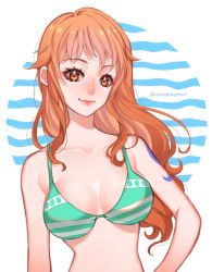 Rule 34 | 1girl, arm tattoo, bikini, breasts, brown eyes, brown hair, cleavage, closed mouth, collarbone, eyelashes, green bikini, long hair, medium breasts, nami (one piece), one piece, smile, solo, straight hair, striped bikini, striped clothes, swimsuit, tabby chan, tattoo, twitter username, upper body, very long hair, white background
