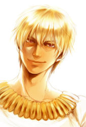 Rule 34 | 1boy, blonde hair, fate/zero, fate (series), gilgamesh (fate), jewelry, male focus, necklace, portrait, red eyes, shirt, smile, smirk, solo, usagida, white shirt