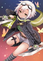 Rule 34 | 1girl, belt, black jacket, crop top, dagger, dual wielding, eiyuu densetsu, falcom, fie claussell, flat chest, glint, goggles, goggles on head, gradient background, green eyes, green shirt, gunblade, holding, holding weapon, jacket, kneehighs, knife, long sleeves, looking at viewer, midriff, navel, open clothes, open jacket, reverse grip, ry thae, scarf, sen no kiseki, shirt, short hair, short shorts, shorts, socks, solo, striped clothes, striped socks, thigh strap, thighs, weapon, white hair, white shorts