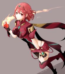 Rule 34 | 1girl, artist request, blush, breasts, earrings, fingerless gloves, gloves, hair ornament, jewelry, looking at viewer, nintendo, pyra (xenoblade), red eyes, red hair, short hair, shorts, sidelocks, simple background, smile, solo, tiara, xenoblade chronicles (series), xenoblade chronicles 2, xenoblade chronicles (series), xenoblade chronicles 2