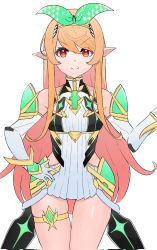 Rule 34 | 1girl, breasts, brown eyes, commentary, cosplay, dress, elbow gloves, english commentary, gloves, green ribbon, hair behind ear, hair ribbon, hand on own hip, highres, long hair, looking at viewer, mythra (xenoblade), mythra (xenoblade) (cosplay), nijisanji, nijisanji en, pointy ears, pomu rainpuff, ribbon, skindentation, small breasts, smile, solo, thigh strap, v-shaped eyebrows, very long hair, virtual youtuber, white dress, white gloves, xenoblade chronicles (series), xenoblade chronicles 2, zikade