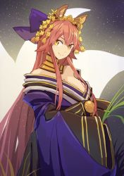 Rule 34 | 10s, 1girl, animal ears, bare shoulders, breasts, brown hair, cleavage, fate/extra, fate (series), fox ears, hair ornament, hsin, japanese clothes, kimono, large breasts, long hair, looking at viewer, official alternate costume, smile, solo, tamamo no mae (fate/extra), tamamo no mae (third ascension) (fate), very long hair, yellow eyes