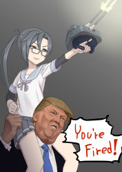 Rule 34 | &gt;:d, 1girl, :d, amagiri (kancolle), black hair, blonde hair, blue eyes, carrying, commentary, crossover, donald trump, english text, firing, formal, glasses, kantai collection, long hair, machinery, misumi (niku-kyu), open mouth, pleated skirt, ponytail, real life, school uniform, serafuku, shoulder carry, grey eyes, skirt, smile, turret, v-shaped eyebrows