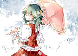 Rule 34 | &gt;:), 1girl, blush, closed mouth, embellished costume, flower, frills, from behind, green hair, hair flower, hair ornament, holding, holding umbrella, kazami yuuka, kikuichi monji, looking at viewer, looking back, parasol, plaid, plaid skirt, plaid vest, puffy short sleeves, puffy sleeves, red eyes, short sleeves, sidelocks, skirt, skirt set, smile, solo, touhou, umbrella, upper body, v-shaped eyebrows, vest, wrist cuffs