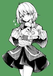 Rule 34 | 1girl, absurdres, ahoge, green background, greyscale with colored background, heart, heart hands, highres, looking at viewer, mizuhashi parsee, mouryou (chimimouryou), open mouth, pointy ears, scarf, short hair, simple background, solo, touhou
