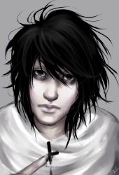 Rule 34 | 1boy, artist request, black eyes, black hair, death note, food, grey background, highres, l (death note), looking at viewer, male focus, shirt, simple background, solo, white shirt