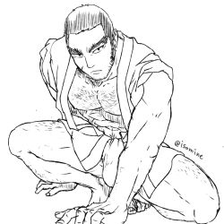 Rule 34 | 1boy, bara, bare pectorals, beard, bulge, buzz cut, chest hair, facial hair, facial scar, full body, fundoshi, golden kamuy, greyscale, hairy, hand on floor, happi, isomine, japanese clothes, large pectorals, long sideburns, looking at viewer, mature male, monochrome, muscular, muscular male, pectorals, sanpaku, scar, scar on cheek, scar on face, serious, short hair, sideburns, solo, squatting, tanigaki genjirou, thick eyebrows, tied sleeves, very short hair