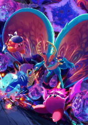 Rule 34 | absurdres, antlers, bandana, bandana waddle dee, battle, blue bandana, blue eyes, claws, commentary, copy ability, crack, darkness, feathered wings, fecto elfilis, fire, fur, highres, holding, holding polearm, holding weapon, horns, kirby, kirby (series), kirby and the forgotten land, meteor shower, monster, multicolored eyes, nintendo, no humans, polearm, purple eyes, railing, spear, star (symbol), suyasuyabi, twitter username, weapon, wings