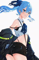 Rule 34 | 1girl, absurdres, ascot, ass, back, black jacket, black shorts, blue ascot, blue eyes, blue hair, blue ribbon, blush, collared shirt, crop top, earrings, fang, flat chest, floating hair, from side, grin, hair ribbon, highres, hololive, hoshimachi suisei, jacket, jewelry, long hair, off shoulder, ribbon, runlan 0329, shirt, short shorts, shorts, side ponytail, sidelocks, simple background, sleeveless, sleeveless shirt, smile, solo, star (symbol), star in eye, suspenders, symbol in eye, twisted torso, virtual youtuber, wavy hair, white background, white shirt, wing collar