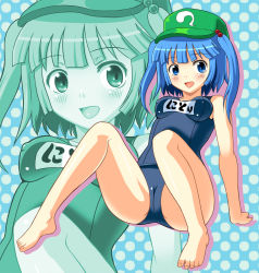 Rule 34 | 1girl, barefoot, blue eyes, blue hair, breasts, covered erect nipples, feet, female focus, hair bobbles, hair ornament, hat, kawashiro nitori, kondou ryunosuke, matching hair/eyes, one-piece swimsuit, school swimsuit, short hair, small breasts, solo, swimsuit, toes, touhou, twintails, two side up, zoom layer