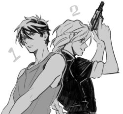 Rule 34 | back-to-back, braid, duo maxwell, expressionless, greyscale, gun, gundam, gundam wing, heero yuy, holding, holding gun, holding weapon, long hair, metricmaile, monochrome, name connection, short hair, single braid, smile, upper body, weapon, white background