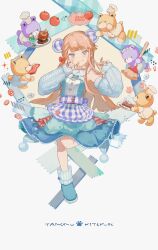 Rule 34 | 1girl, animal ears, apron, bawa (thankyousushi), bear ears, blue apron, blue dress, blue eyes, blue footwear, blue sleeves, blush, brown hair, cable knit, closed mouth, detached sleeves, dress, fake animal ears, foot up, frilled dress, frills, full body, furry, hands up, head tilt, highres, idoly pride, long bangs, long hair, long sleeves, looking at viewer, narumiya suzu, plaid, plaid apron, shoes, sidelocks, simple background, sleeveless, sleeveless dress, smile, solo, straight hair, stuffed animal, stuffed toy, teddy bear, waist apron, white background