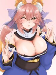 Rule 34 | 1girl, animal ear fluff, animal ears, armpit crease, bare shoulders, black collar, black sash, blue kimono, blue ribbon, blue sleeves, blush, breasts, cleavage, closed mouth, collar, detached collar, detached sleeves, fate/extra, fate/grand order, fate (series), fingernails, fox ears, fox girl, fox tail, hair ribbon, highres, huge breasts, japanese clothes, kimono, large breasts, long fingernails, long sleeves, looking at viewer, one eye closed, pink background, pink hair, ribbon, ryou (619-619), sash, simple background, smile, solo, tail, tamamo (fate), tamamo no mae (fate/extra), tongue, tongue out, twintails, yellow eyes
