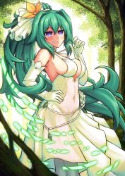 Rule 34 | 1girl, absurdres, azur lane, bare shoulders, beads, breasts, cleavage, covered erect nipples, covered navel, dress, elbow gloves, eyebrows, flower, gem, gloves, green hair, green heart (neptunia), hair between eyes, hair flower, hair intakes, hair ornament, hand on own hip, high ponytail, highres, huge filesize, jewelry, large breasts, long hair, neptune (series), no bra, novus rue, power symbol, power symbol-shaped pupils, purple eyes, rose, smile, solo, symbol-shaped pupils, very long hair, white dress, white flower, white gloves, white rose