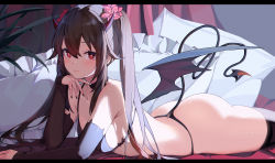 Rule 34 | 1girl, absurdres, alternate costume, arm rest, ass, black bra, black choker, black hair, black nails, black panties, black sleeves, black thighhighs, bra, breasts, chinese commentary, choker, closed mouth, curtains, demon girl, demon horns, demon tail, demon wings, elbow rest, flower, flower-shaped pupils, from side, genshin impact, hair between eyes, hair flower, hair ornament, highres, horns, hu tao (genshin impact), long hair, looking at viewer, looking to the side, lying, nail polish, on stomach, panties, pillow, red eyes, sidelocks, small breasts, smile, snozaki, solo, symbol-shaped pupils, tail, thighhighs, twintails, underwear, wings