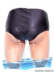 Rule 34 | 1girl, amazima mangetu, artist name, ass, ass focus, close-up, cropped torso, dripping, flat ass, from behind, one-piece swimsuit, original, out of frame, simple background, solo, swimsuit, wading, water, wet, wet clothes, wet swimsuit