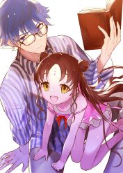 Rule 34 | 1boy, 1girl, absurdres, barefoot, black-framed eyewear, blue eyes, blue hair, book, brown hair, closed mouth, commentary request, eyelashes, eyewear strap, facial mark, fate/grand order, fate (series), forehead mark, glasses, hair between eyes, hand up, hans christian andersen (adult) (fate), hans christian andersen (fate), highres, holding, holding book, kiaomiyouji, long hair, long sleeves, looking up, open mouth, parted bangs, sessyoin kiara, sessyoin kiara (lily), sessyoin kiara (swimsuit mooncancer), shiny skin, shirt, striped clothes, striped shirt, toes, tongue, vertical-striped clothes, vertical-striped shirt, yellow eyes