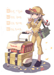 Rule 34 | 1girl, bf. (sogogiching), braid, brown eyes, brown hair, check translation, commentary request, facing viewer, full body, korean text, loafers, looking at viewer, original, photoshop (medium), pinky out, shoes, simple background, solo, standing, translated, translation request, white background, yakult