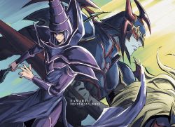 Rule 34 | 2boys, armor, artist name, blue skin, colored skin, dark magician, duel monster, feet out of frame, gaia the fierce knight, highres, holding, holding polearm, holding staff, holding weapon, horseback riding, looking at viewer, looking to the side, mage staff, magician, male focus, multiple boys, pauldrons, pelvic curtain, polearm, purple hair, riding, shoulder armor, soya (sys ygo), spiked helmet, staff, weapon, yu-gi-oh!, yu-gi-oh! duel monsters
