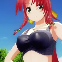 Rule 34 | 1girl, 3d, animated, bouncing breasts, breasts, cleavage, covered erect nipples, green eyes, hands on own hips, hong meiling, jumping, large breasts, looking at viewer, midriff, mofumoko5, red hair, smile, solo, sports bra, thighs, touhou, upper body, video