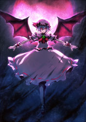 Rule 34 | 1girl, bad id, bad pixiv id, bat wings, blue hair, female focus, full body, hat, outdoors, outstretched arms, red eyes, remilia scarlet, ria (rilpoppo), skirt, sky, solo, spread arms, touhou, wings, wrist cuffs