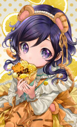 Rule 34 | 1girl, 2022, animal ears, animal print, artist name, black eyes, black hair, chinese zodiac, collar, commentary, crepe, eating, english text, fake animal ears, fake tail, food, frilled collar, frilled skirt, frilled sleeves, frills, fruit, hair ribbon, happy new year, holding, holding food, kaze-hime, lemon, lemon slice, long sleeves, looking at viewer, medium hair, medium skirt, new year, orange ribbon, orange skirt, original, print skirt, ribbon, shirt, sitting, skirt, solo, suspender skirt, suspenders, swept bangs, tail, tiger ears, tiger print, tiger tail, white shirt, year of the tiger