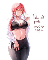 Rule 34 | 1girl, absurdres, black bra, black pants, blush, bra, braid, braided ponytail, breasts, chainsaw man, cleavage, collarbone, collared shirt, cowboy shot, curvy, english text, highres, lace, lace-trimmed bra, lace trim, large breasts, lingerie, long hair, long sleeves, looking at viewer, machulanko, makima (chainsaw man), meme, midriff, narrow waist, navel, open clothes, open mouth, open shirt, pants, red hair, shirt, simple background, skin tight, solo, surprised, teeth, thick thighs, thighs, tongue, twitter strip game (meme), underwear, upper teeth only, white background, white shirt, yellow eyes