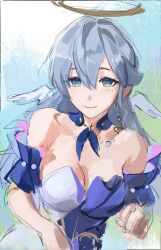 Rule 34 | 1girl, bare shoulders, blue choker, breasts, choker, cleavage, commentary request, detached sleeves, dress, green eyes, grey hair, halo, head wings, highres, honkai: star rail, honkai (series), long hair, mintmoon belle, robin (honkai: star rail), russian commentary, short sleeves, sketch, solo, strapless, strapless dress, upper body, wings
