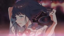 Rule 34 | 1girl, arms behind head, arms up, black hair, blunt bangs, blurry, blurry background, close-up, crying, crying with eyes open, floral print, frown, furrowed brow, grey eyes, grey kimono, hair tie, highres, hime cut, japanese clothes, kimono, long hair, open mouth, original, portrait, sad, sidelocks, sinomi, sobbing, solo, straight hair, streaming tears, tears, untied, untying, upper body, wavy mouth