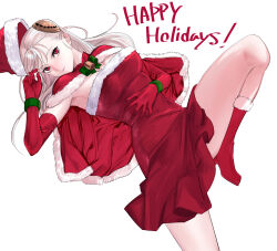 Rule 34 | 1girl, albino, alternate costume, bare legs, bell, boots, breasts, capcom fighting jam, cape, christmas, commentary request, dress, elbow gloves, fur trim, gloves, hairpods, happy holidays, hat, highres, ingrid (capcom), jingle bell, leg up, long hair, looking at viewer, lying, medium breasts, neck bell, on back, pale skin, red cape, red dress, red eyes, red footwear, santa hat, solo, strapless, strapless dress, tetsu (kimuchi), white hair