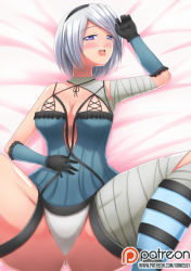 Rule 34 | 1girl, android, armpits, asymmetrical clothes, bandaged arm, bandaged neck, bandages, bare shoulders, black gloves, black hairband, black ribbon, blue dress, blush, breasts, cleavage, cosplay, dress, frills, gloves, hairband, kaine (nier) (cosplay), large breasts, looking at viewer, lying, nier, nier (series), nier:automata, nightgown, on back, open mouth, purple eyes, ribbon, short hair, silver hair, solo, tongue, tongue out, xano501, 2b (nier:automata)