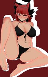 Rule 34 | 1girl, animal ears, bare shoulders, barefoot, bikini, breasts, cat ears, closed mouth, extra ears, fang, full body, half-closed eyes, highres, kaenbyou rin, knee up, large breasts, looking at viewer, mizuga, monochrome, navel, pointy ears, red background, sitting, skin fang, solo, spread legs, swimsuit, third-party edit, toes, touhou