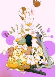 Rule 34 | !, 1girl, animal, animal on back, animal on face, animal on hand, animal on head, animal on lap, animal on shoulder, aqua hair, bad id, bad pixiv id, falling, halloween, hatsune miku, highres, japanese text, long hair, nail polish, no shoes, on head, on lap, rabbit, shisui (5830217), sitting, skirt, solo, speech bubble, text focus, thighhighs, thumbs up, too many, too many rabbits, translation request, trembling, trick or treat, twintails, very long hair, vocaloid, zettai ryouiki