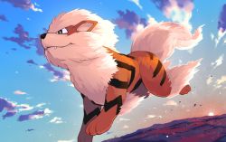 Rule 34 | arcanine, brown eyes, closed mouth, cloud, commentary request, creatures (company), day, fangs, fangs out, game freak, gen 1 pokemon, nintendo, no humans, outdoors, pokemon, pokemon (creature), running, sky, smile, solo, sun, sunset, yoshida (penguindynamite)