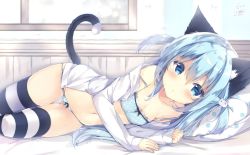 Rule 34 | 1girl, animal ears, bed sheet, blue bra, blue eyes, blue hair, blue panties, bra, cat ears, cat girl, cat hair ornament, cat tail, collarbone, commentary request, dress shirt, fingernails, hair between eyes, hair ornament, hands up, highres, long hair, long sleeves, lying, navel, no pants, on side, open clothes, open shirt, original, panties, pillow, polka dot, polka dot bra, polka dot panties, saeki sora, shirt, sleeves past wrists, solo, striped clothes, striped thighhighs, tail, tail raised, thighhighs, two side up, underwear, very long hair, white shirt, window