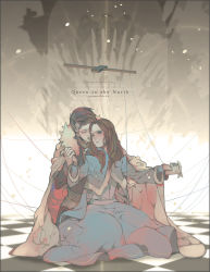 Rule 34 | 1boy, 1girl, a song of ice and fire, animification, bad id, bad pixiv id, blue dress, blue eyes, brown hair, cape, dress, facial hair, fantasy, game of thrones, grey hair, highres, logo, long hair, marionette, medieval, mustache, petyr baelish, puppet, red hair, sansa stark, string, wavesheep