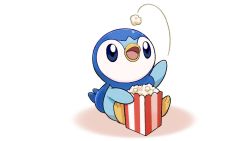 Rule 34 | blue eyes, commentary request, creatures (company), eating, food, game freak, gen 4 pokemon, motion lines, nintendo, no humans, official art, open mouth, piplup, pokemon, pokemon (creature), popcorn, project pochama, sitting, solo, toes, tongue, white background