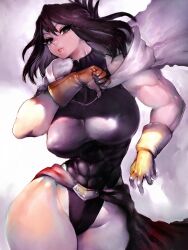 Rule 34 | 1girl, abs, black bodysuit, black eyes, black hair, bodysuit, boku no hero academia, breasts, cape, closed mouth, fumio (rsqkr), gloves, highres, large breasts, lips, looking at viewer, muscular, muscular female, shimura nana, short hair, sleeveless, sleeveless bodysuit, solo, thick thighs, thighs, white cape, yellow gloves