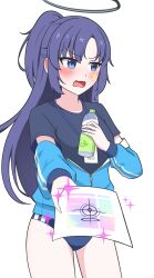 Rule 34 | 1girl, black shirt, blue archive, blue jacket, blush, bottle, buruma, commentary request, embarrassed, ewai, facial tattoo, gameplay mechanics, giving, gym shirt, gym uniform, halo, highres, holding, holding bottle, holding paper, id card, jacket, lanyard, long hair, long sleeves, official alternate costume, official alternate hairstyle, open clothes, open jacket, paper, parted bangs, plastic bottle, ponytail, purple eyes, purple hair, shirt, short sleeves, sidelocks, simple background, solo, sparkle, star tattoo, sweatdrop, tattoo, track jacket, v-shaped eyebrows, white background, yuuka (blue archive), yuuka (track) (blue archive)