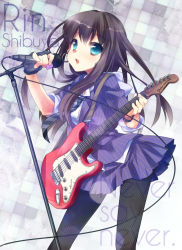 Rule 34 | 10s, 1girl, black gloves, blue eyes, brown hair, character name, earrings, ech, fingerless gloves, gloves, guitar, hoop earrings, idolmaster, idolmaster cinderella girls, instrument, jewelry, long hair, microphone, microphone stand, necktie, open mouth, pantyhose, pinstripe pattern, shibuya rin, skirt, sleeves rolled up, solo