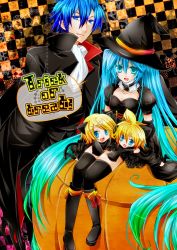 Rule 34 | 2boys, 2girls, :d, akatsuki yakyou, animal ears, aqua eyes, aqua hair, blonde hair, blue eyes, blue hair, boots, cape, cat ears, cat tail, checkered background, chibi, choker, detached sleeves, fang, hair ornament, hairclip, halloween, hat, hatsune miku, kagamine len, kagamine rin, kaito (vocaloid), knee boots, long hair, multiple boys, multiple girls, open mouth, sitting, skirt, sleeve past wrists, sleeves past wrists, smile, tail, thighhighs, trick or treat, twintails, very long hair, vocaloid, witch hat