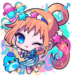 Rule 34 | 1girl, bird, blue eyes, blue footwear, blue hairband, blue jacket, blue skirt, chibi, commentary request, drumsticks, fukuhara ann, full body, hair ornament, hairband, hands up, highres, holding, holding drumsticks, ice skates, jacket, jumping, kohinata kanoo, long hair, looking at viewer, midriff, musical note, one eye closed, orange hair, pretty rhythm, pretty rhythm rainbow live, pretty series, puffy short sleeves, puffy sleeves, rocket, short sleeves, side ponytail, single hair ring, skates, skirt, smile, solo, star (symbol), star hair ornament, tongue, tongue out