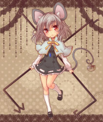 Rule 34 | 1girl, :&lt;, :3, animal ears, basket, capelet, dowsing rod, dress, female focus, full body, gem, grey dress, grey hair, highres, jewelry, looking at viewer, mary janes, miruki, mouse (animal), mouse ears, mouse tail, nazrin, necklace, pendant, red eyes, shoes, short hair, solo, standing, standing on one leg, tail, touhou