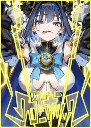 Rule 34 | 1girl, arms up, black gloves, black hair, blue eyes, blue hair, blush, bow, bow earrings, bowtie, breasts, cleavage, clothing cutout, colored inner hair, detached sleeves, earrings, gloves, hair intakes, highres, hololive, hololive english, jewelry, large breasts, long sleeves, looking at viewer, multicolored hair, open mouth, ouro kronii, ouro kronii (1st costume), pendant, shirt, short hair, smile, solo, tongue, tongue out, underboob cutout, virtual youtuber, wada arco, white shirt, zipper