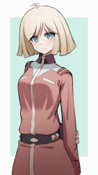 Rule 34 | 1girl, ahoge, arms behind back, bad id, bad pixiv id, belt, blonde hair, blue eyes, breasts, commentary, english commentary, green background, gundam, highres, long sleeves, looking at viewer, medium breasts, mobile suit gundam, nsb36046 (na), sayla mass, short hair, solo, uniform, upper body