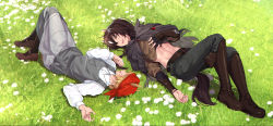 Rule 34 | 1girl, 1other, :d, ^ ^, absurdres, arknights, bandana, black cape, black footwear, black pants, boots, brown footwear, brown hair, brown shirt, cape, closed eyes, commentary, dress, flower, grass, grey dress, highres, knee boots, long sleeves, lying, meteor (arknights), midriff, navel, on back, open mouth, outdoors, pants, shijie jianfa, shirt, smile, stomach, white flower, white shirt