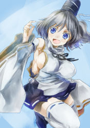 Rule 34 | &gt;:d, 1girl, :d, arm up, armpits, blue background, blue eyes, breasts, detached collar, grey hair, hat, japanese clothes, kariginu, large breasts, long hair, mononobe no futo, no bra, open mouth, ponytail, ribbon-trimmed skirt, ribbon trim, sideboob, skirt, smile, solo, tate eboshi, thighhighs, touhou, v-shaped eyebrows, white thighhighs, wide sleeves, yohane, zettai ryouiki