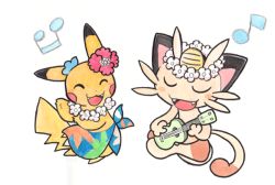 Rule 34 | bad id, bad pixiv id, cat, clothed pokemon, creatures (company), dancing, fangs, flower, flower necklace, game freak, gen 1 pokemon, grin, hair flower, hair ornament, hula, instrument, lei, meowth, musical note, nintendo, no humans, oda takashi, open mouth, pikachu, pokemon, pokemon (anime), pokemon (creature), sarong, sitting, smile, ukulele, white background