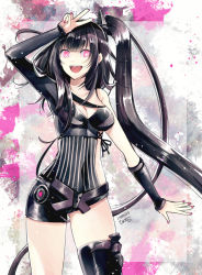 Rule 34 | 1girl, architect (girls&#039; frontline), asymmetrical clothes, asymmetrical legwear, black hair, breasts, cleavage, commentary, commentary request, cowboy shot, dated, girls&#039; frontline, hiroichi, long hair, looking at viewer, open mouth, pink eyes, ringed eyes, shorts, side ponytail, signature, single thighhigh, smile, solo, thighhighs, uneven legwear, v, very long hair