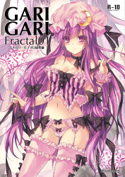 Rule 34 | 1girl, alternate costume, bare shoulders, blush, bow, bow panties, breasts, bustier, cleavage, cover, cover page, crescent, crop top, eyes visible through hair, frilled thighhighs, frills, garter belt, hair bow, hair ornament, hair ribbon, hat, kobayashi yoshitaka, lingerie, long hair, looking at viewer, midriff, mob cap, navel, necktie, panties, patchouli knowledge, pink panties, pink thighhighs, purple eyes, purple hair, ribbon, shirt, smile, solo, star (symbol), striped clothes, striped shirt, text focus, thighhighs, touhou, tress ribbon, underwear, vertical stripes, wrist cuffs, zoom layer